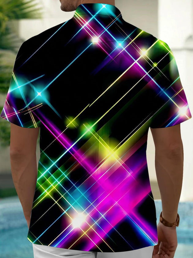 Neon Colorful Light Grid Men's Pocket Short Sleeve Shirts