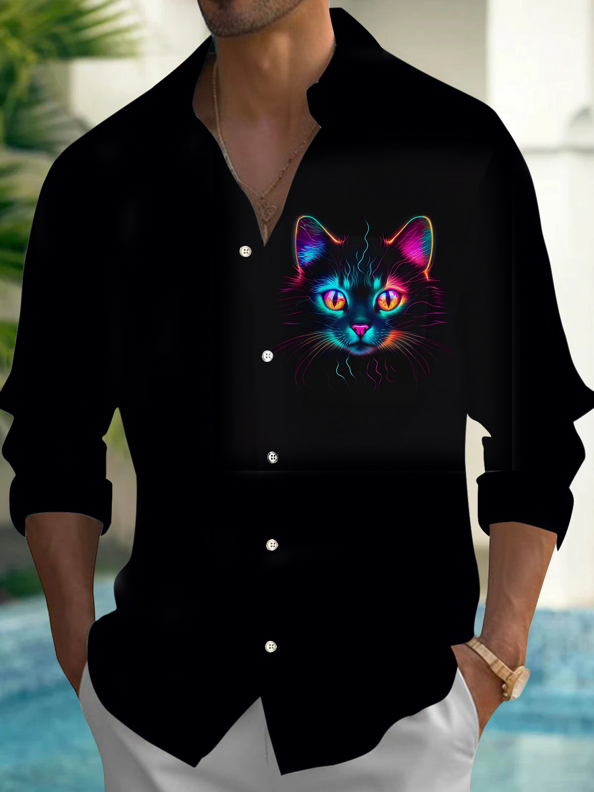 Cat Men's Pocket Long Sleeve Shirts