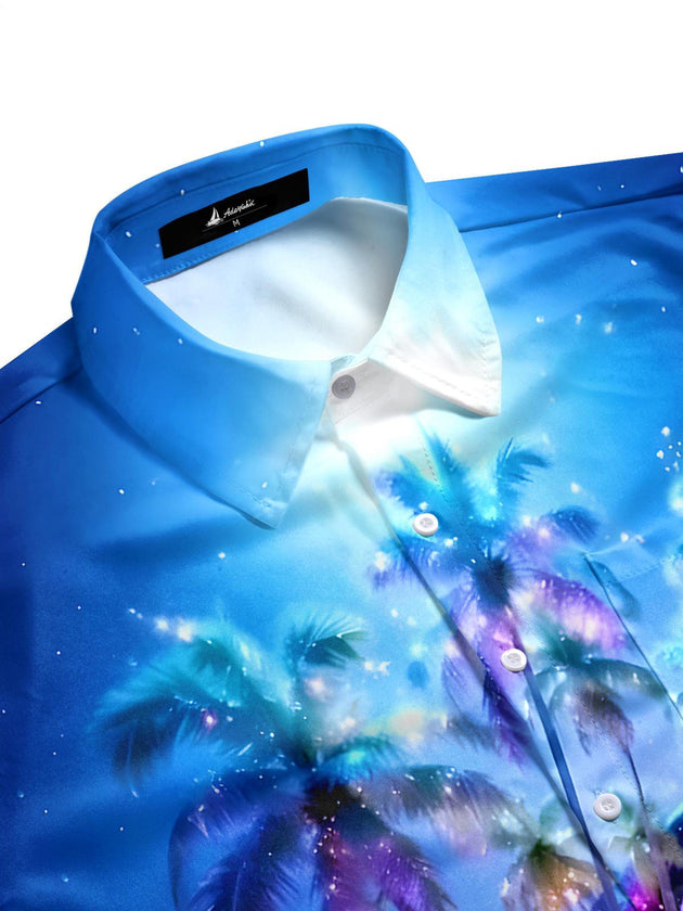 Men's tropical coconut tree print short sleeve shirt side view