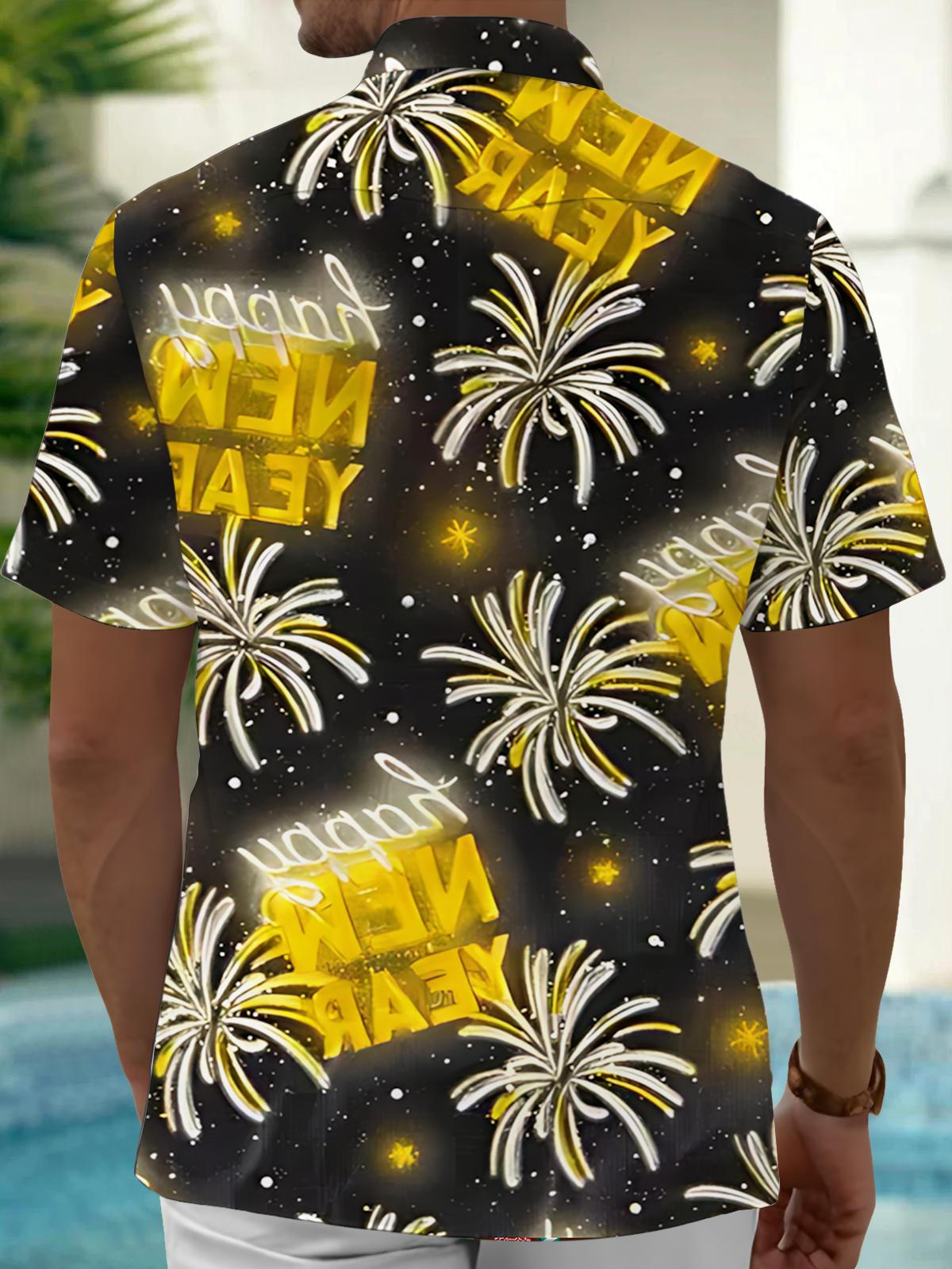 New Year Firework Print Men's Pocket Short Sleeve Shirts