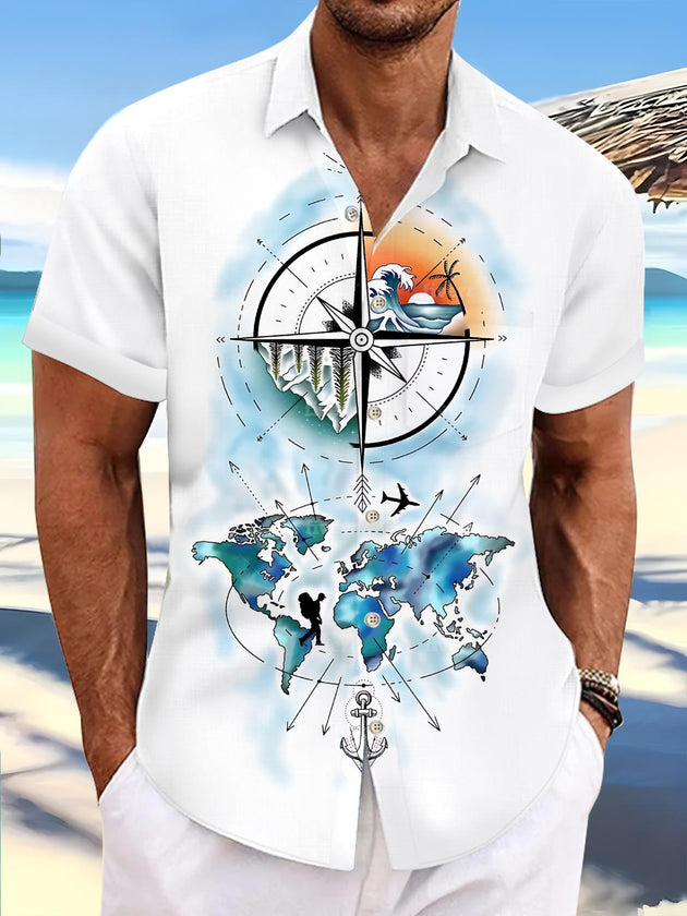Compass Map Print Men's Pocket Short Sleeve Shirts