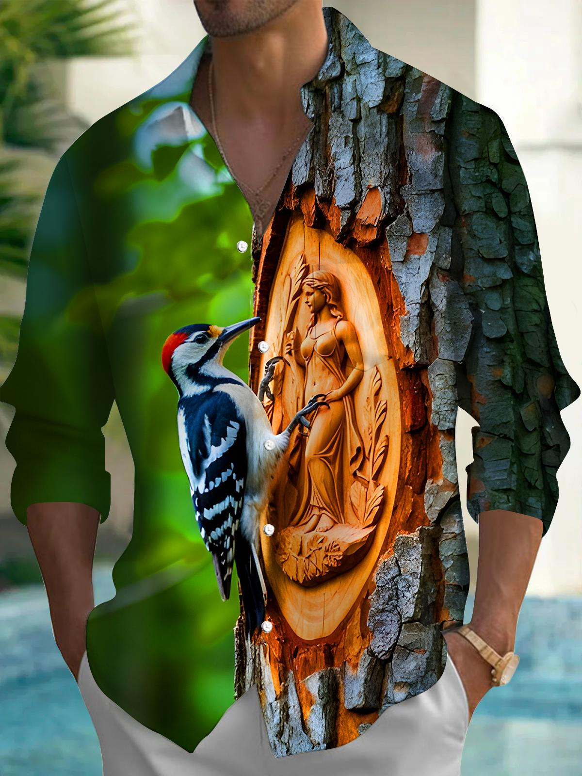 Funny Woodpecker Art Sculpture Men's Pocket Long Sleeve Shirts