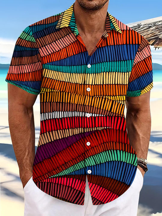 Vintage Color Vertical Stripe Geometry Men's Pocket Short Sleeve Shirts