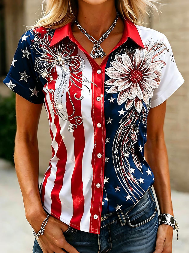 American Flag Shiny Floral Independence Day Women's Short Sleeve Shirts