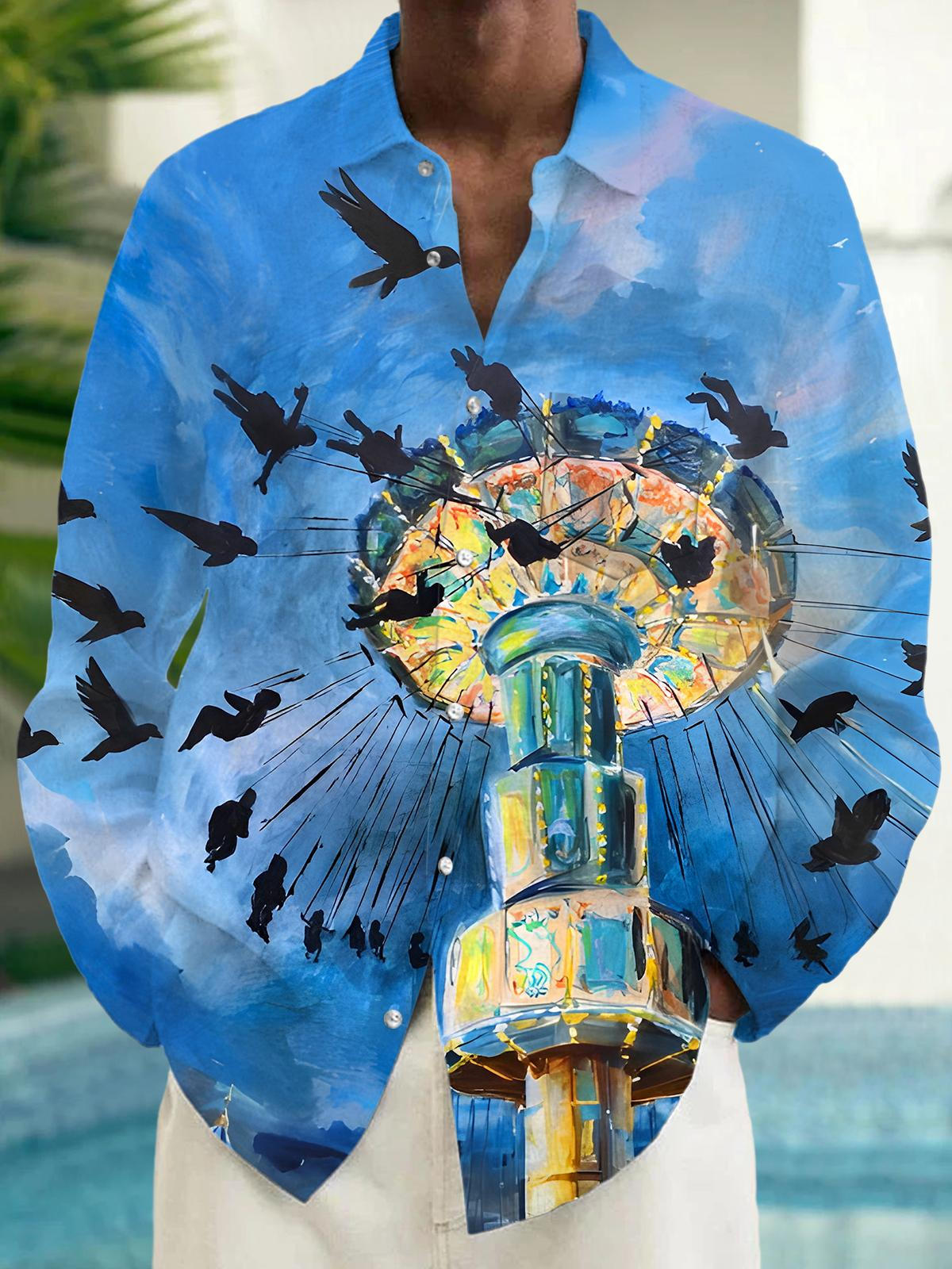 Fun Art Rotating Flying Chair Men's Pocket Long Sleeve Shirts