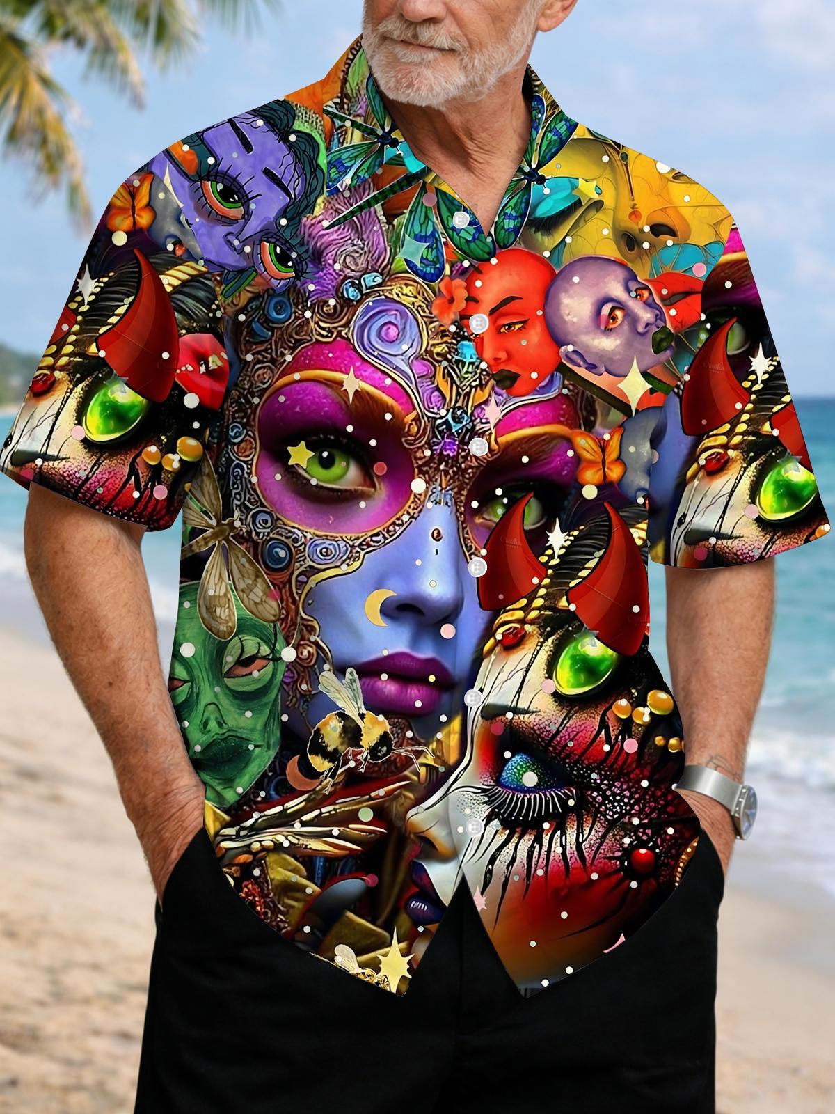 Abstract Face Print Men's Pocket Short Sleeve Shirts