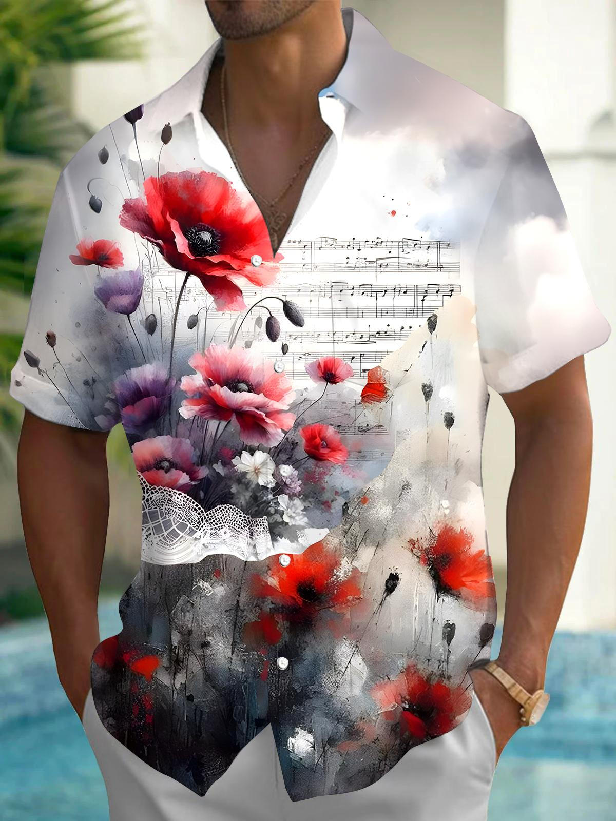 Art Floral Men's Pocket Short Sleeve Shirts