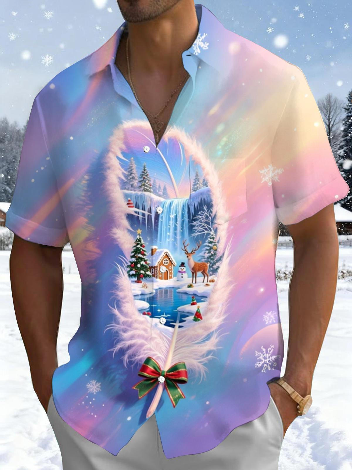Winter Feather Snow Print Men's Pocket Short Sleeve Shirts