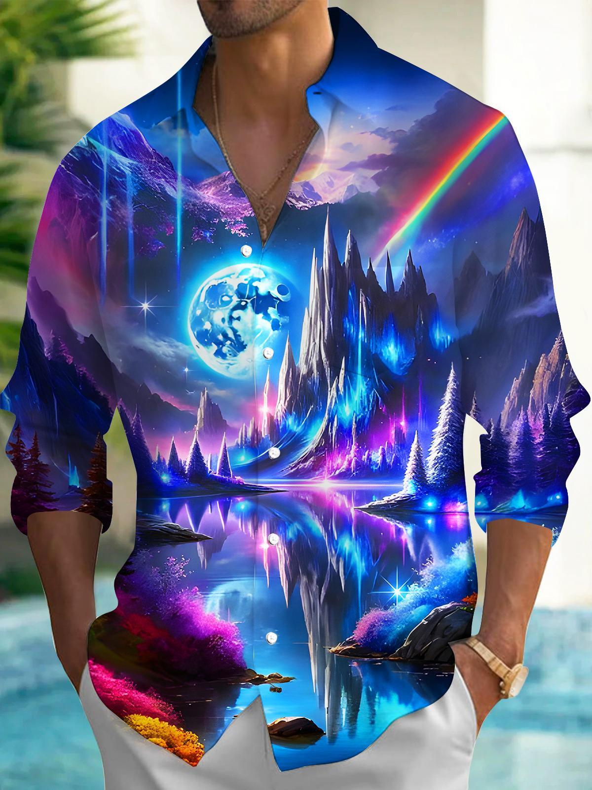 Psychedelic Rainbow Iceberg Earth Christmas Tree Men's Pocket Long Sleeve Shirts