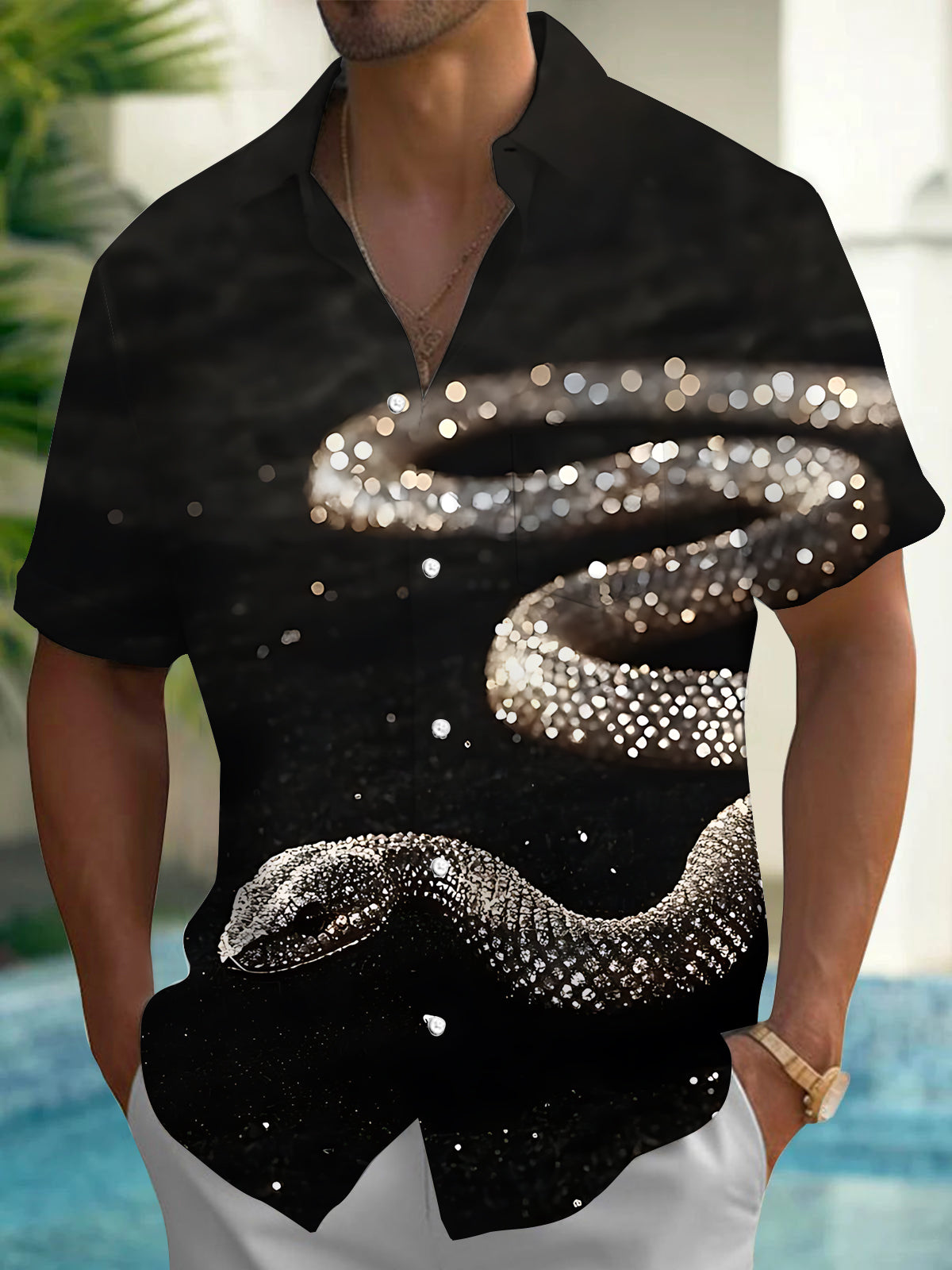 Snake Print Men's Pocket Short Sleeve Shirts