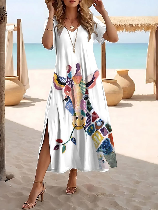Giraffe Print Women's Short Sleeve V Neck Maxi Dress
