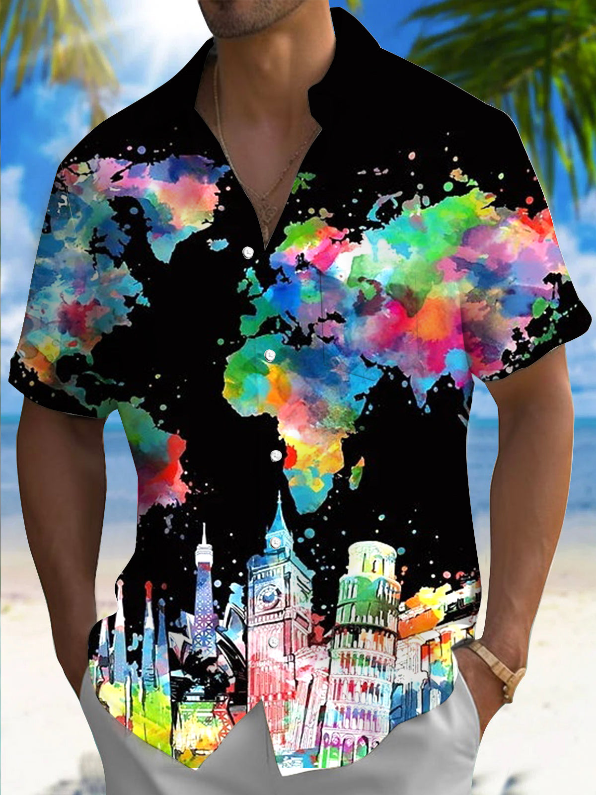 World Map Print Men's Pocket Short Sleeve Shirts