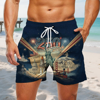 Men casual American flag print beach shorts lifestyle view for Independence Day