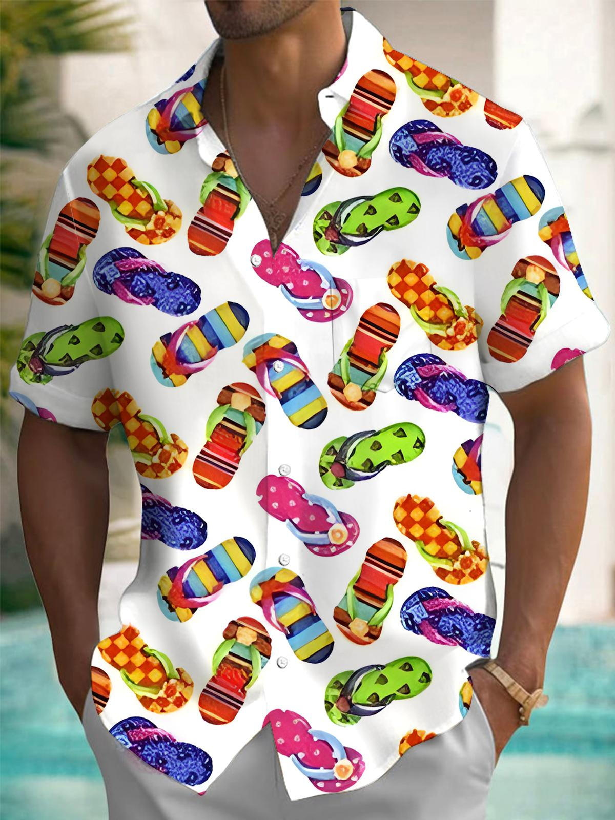 Hawaiian Flip Flop Print Men's Pocket Short Sleeve Shirts