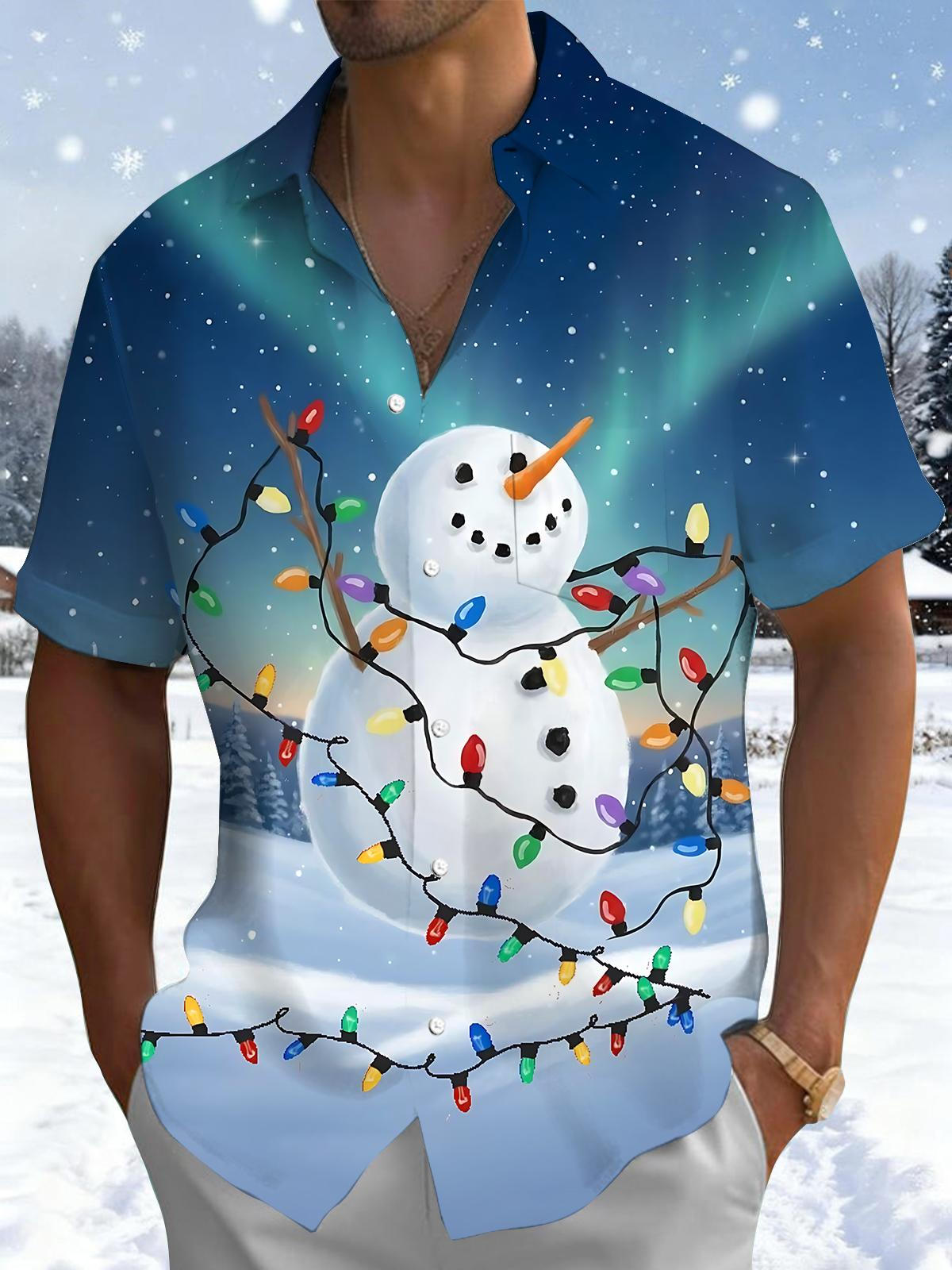 Snowman Light Print Men's Pocket Short Sleeve Shirts