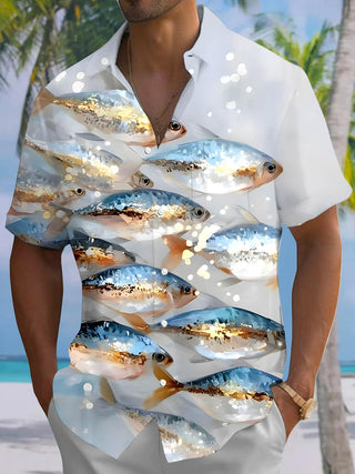 Men's Hawaiian fish print short sleeve shirt front view for tropical beach vacation