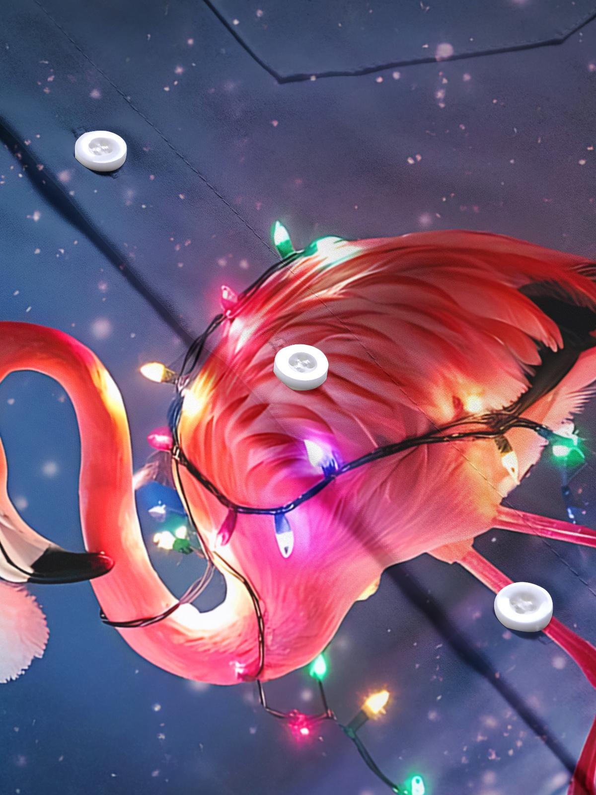 Christmas Flamingo Print Men's Pocket Long Sleeve Shirts