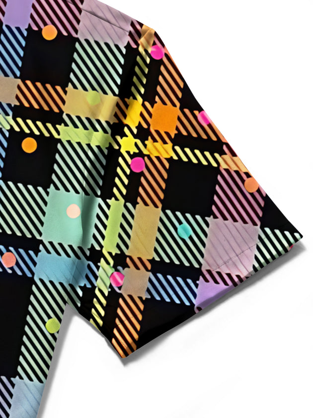 Men's geometric print short sleeve shirt detail close up of intricate pattern and clean stitching