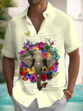 Elephant Floral Art Print Men's Pocket Short Sleeve Shirts