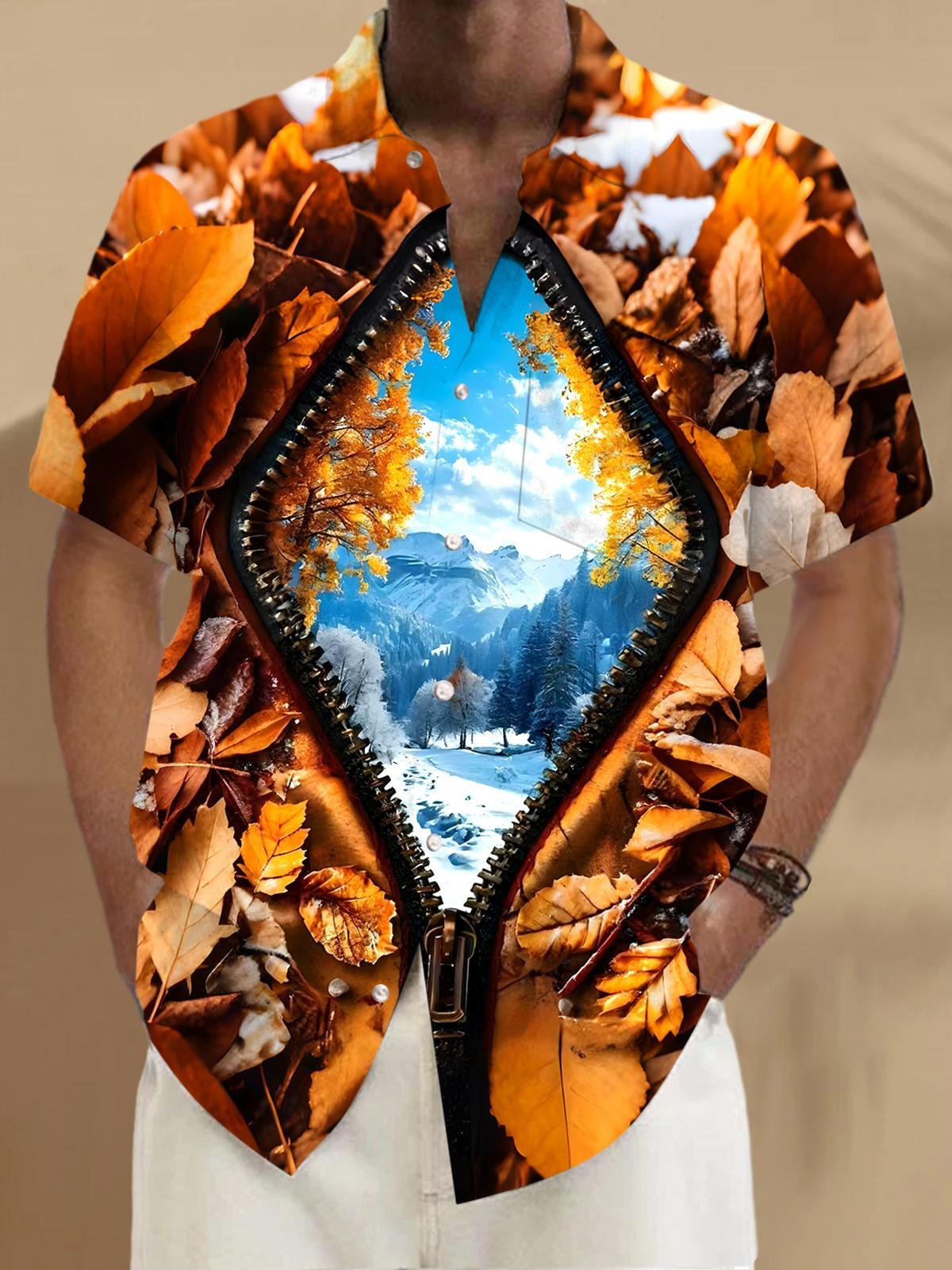 Autumn Winter Leaf Men's Pocket Short Sleeve Shirts