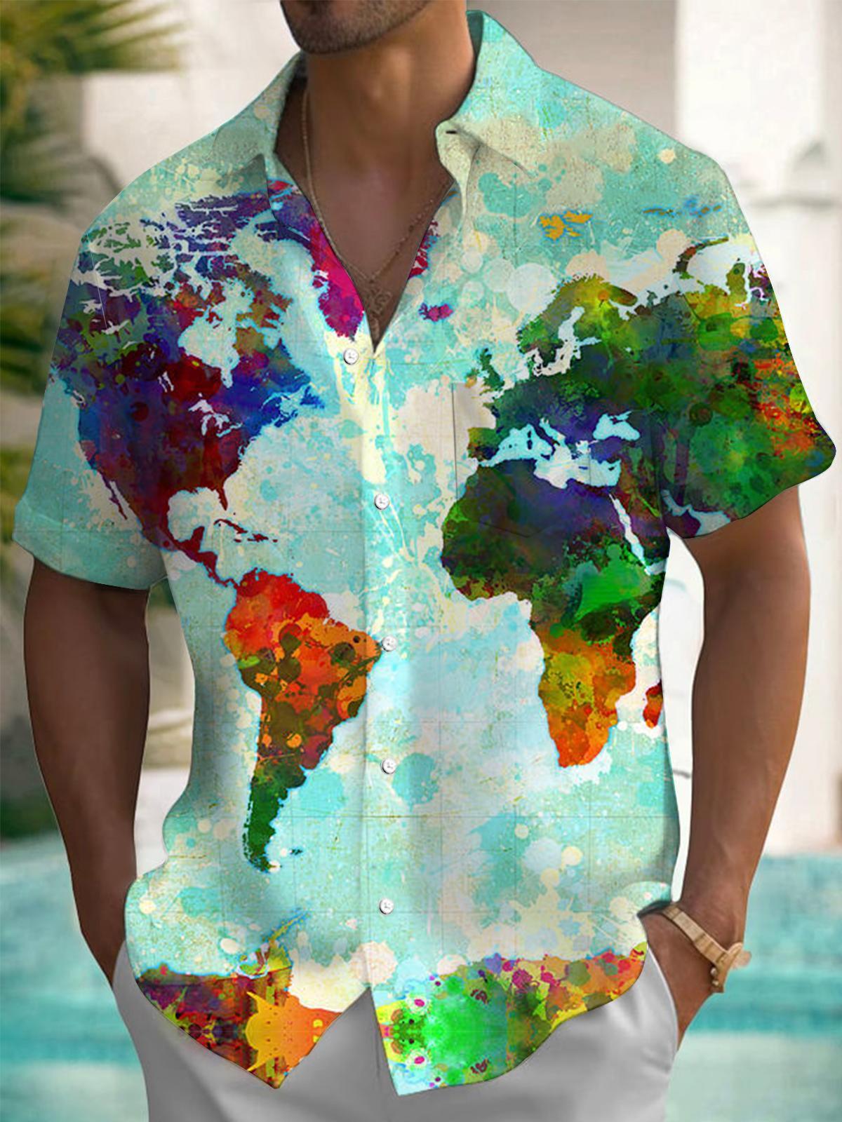 Map Short Sleeve Men's Shirts With Pocket