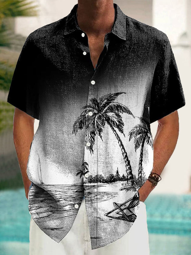 Men's Hawaiian coconut tree print pocket short sleeve shirt front view tropical beach vacation