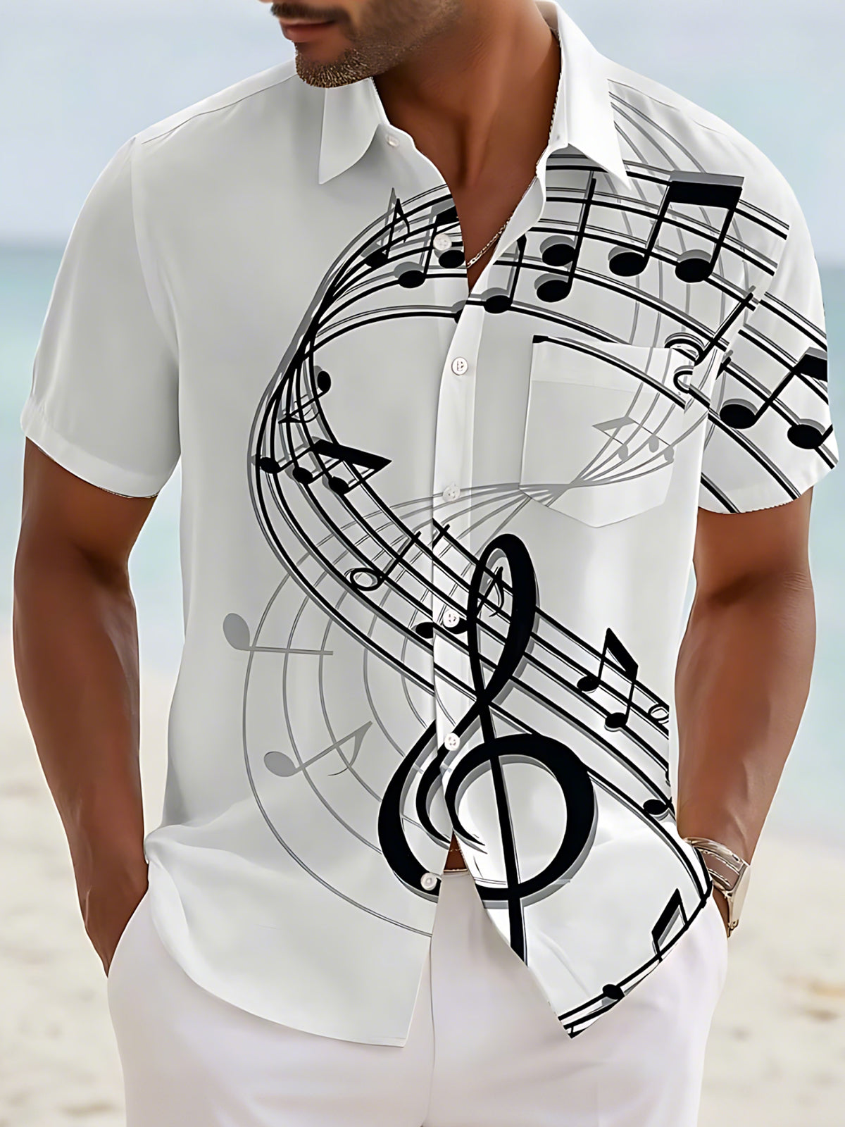 Music Note Print Men's Pocket Short Sleeve Shirts