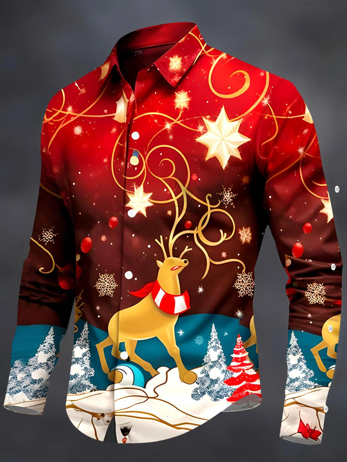 Christmas Deer Men's Pocket Long Sleeve Shirts