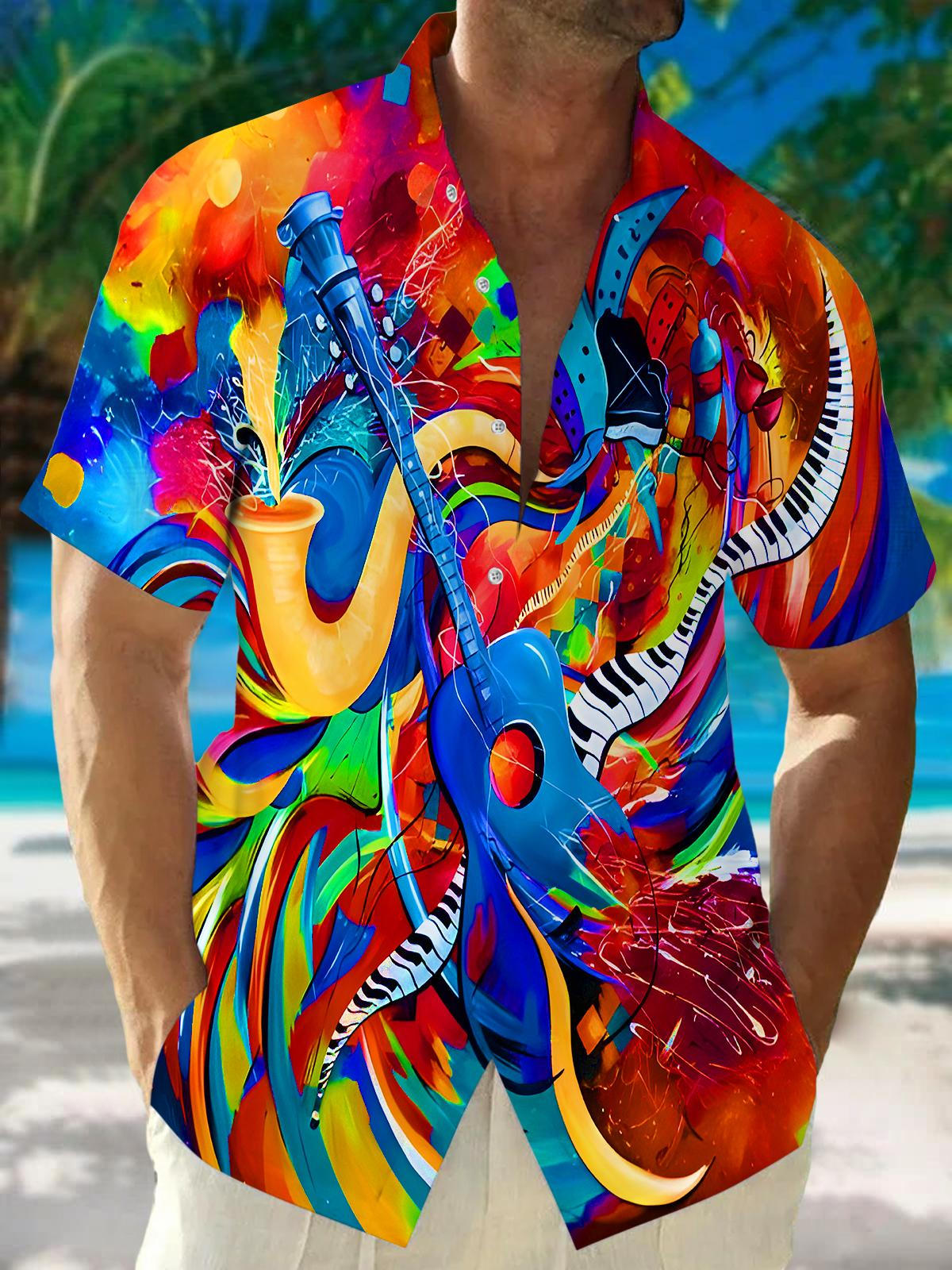 Colorful Tie Dye Music Instruments Men's Pocket Short Sleeve Shirts