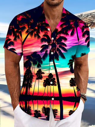 Men's Hawaiian coconut trees sunset short sleeve shirt front view for tropical beach vacation
