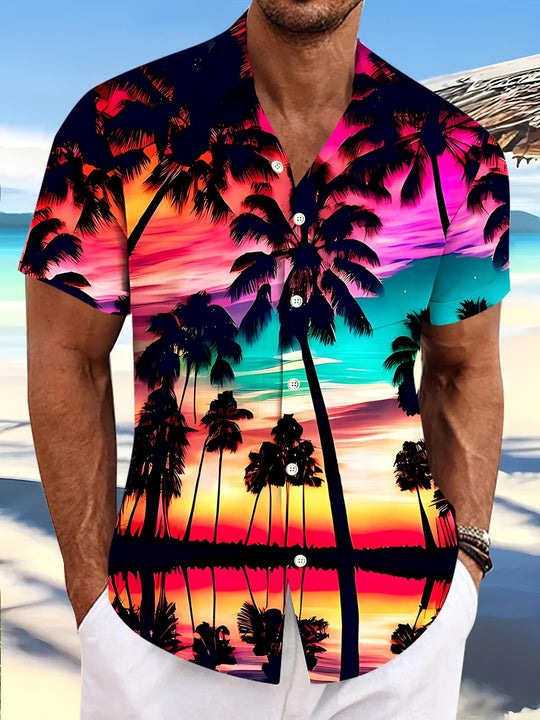 Men's Hawaiian coconut trees sunset short sleeve shirt front view for tropical beach vacation