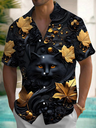 men's black cat maple leaf print short sleeve shirt back view