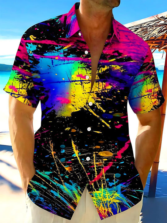 Neon Splash Ink Art Colorful Tie-Dye Men's Pocket Short Sleeve Shirts