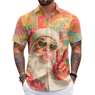 Adaychic Men's Hawaiian Shirts Button Down Santa Printed Short Sleeve Lapel Hawaiian Shirt Loose Fit Summer Tops for Vacation security