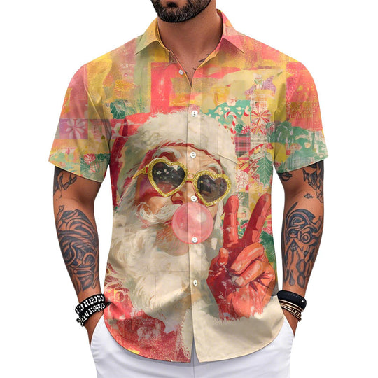 Adaychic Men's Hawaiian Shirts Button Down Santa Printed Short Sleeve Lapel Hawaiian Shirt Loose Fit Summer Tops for Vacation security