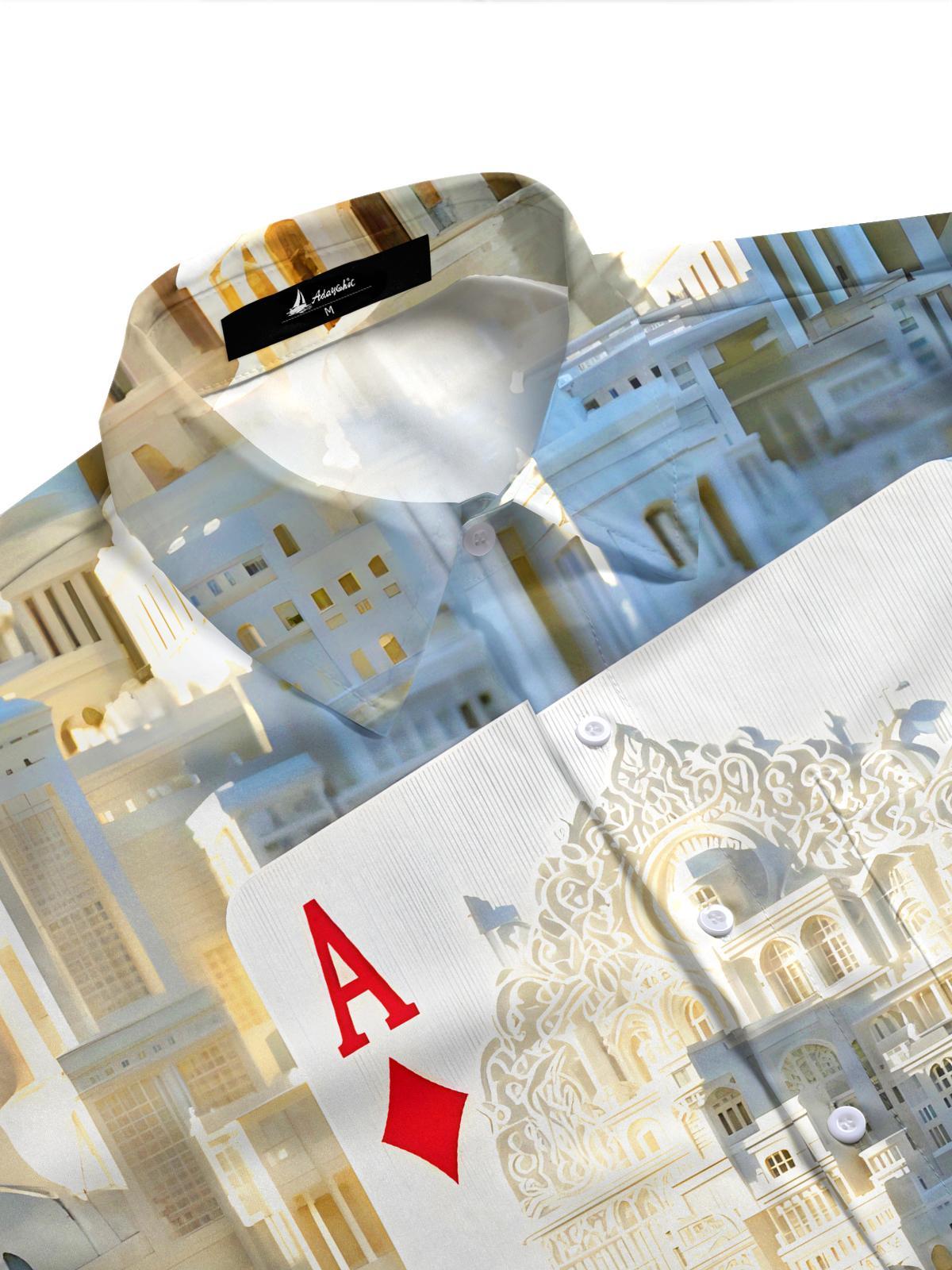 Men's short sleeve shirt side view with Art Relief Santorini Ace Of Diamonds poker pattern