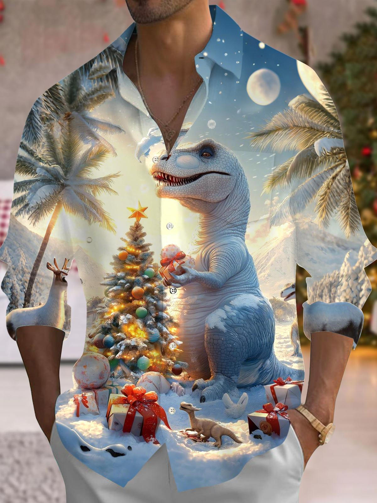 Winter Dinosaur Christmas Tree Print Men's Pocket Long Sleeve Shirts