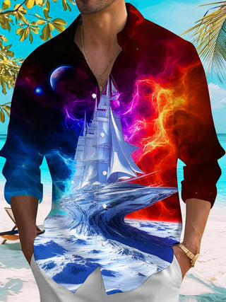 men's long sleeve Art Interstellar Boat pocket shirt front view