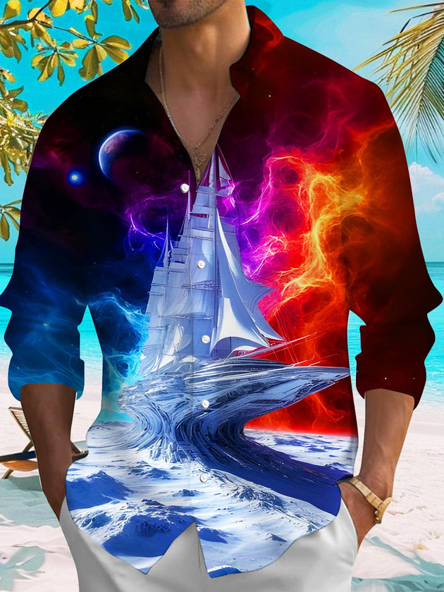men's long sleeve Art Interstellar Boat pocket shirt front view