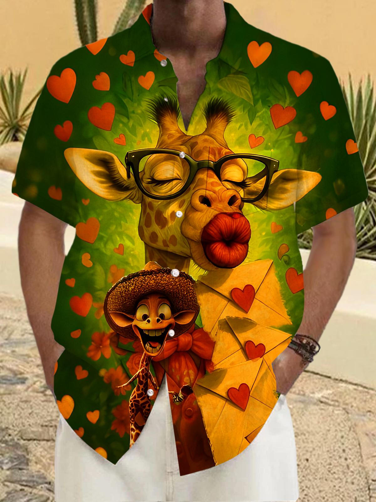 Fun Heart-Shaped Giraffe Kissing Men's Pocket Short Sleeve Shirts