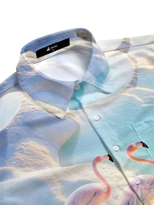 men's pink bird pattern shirt side view