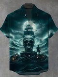 Skull Boat Men's Pocket Short Sleeve Stand Collar Shirts