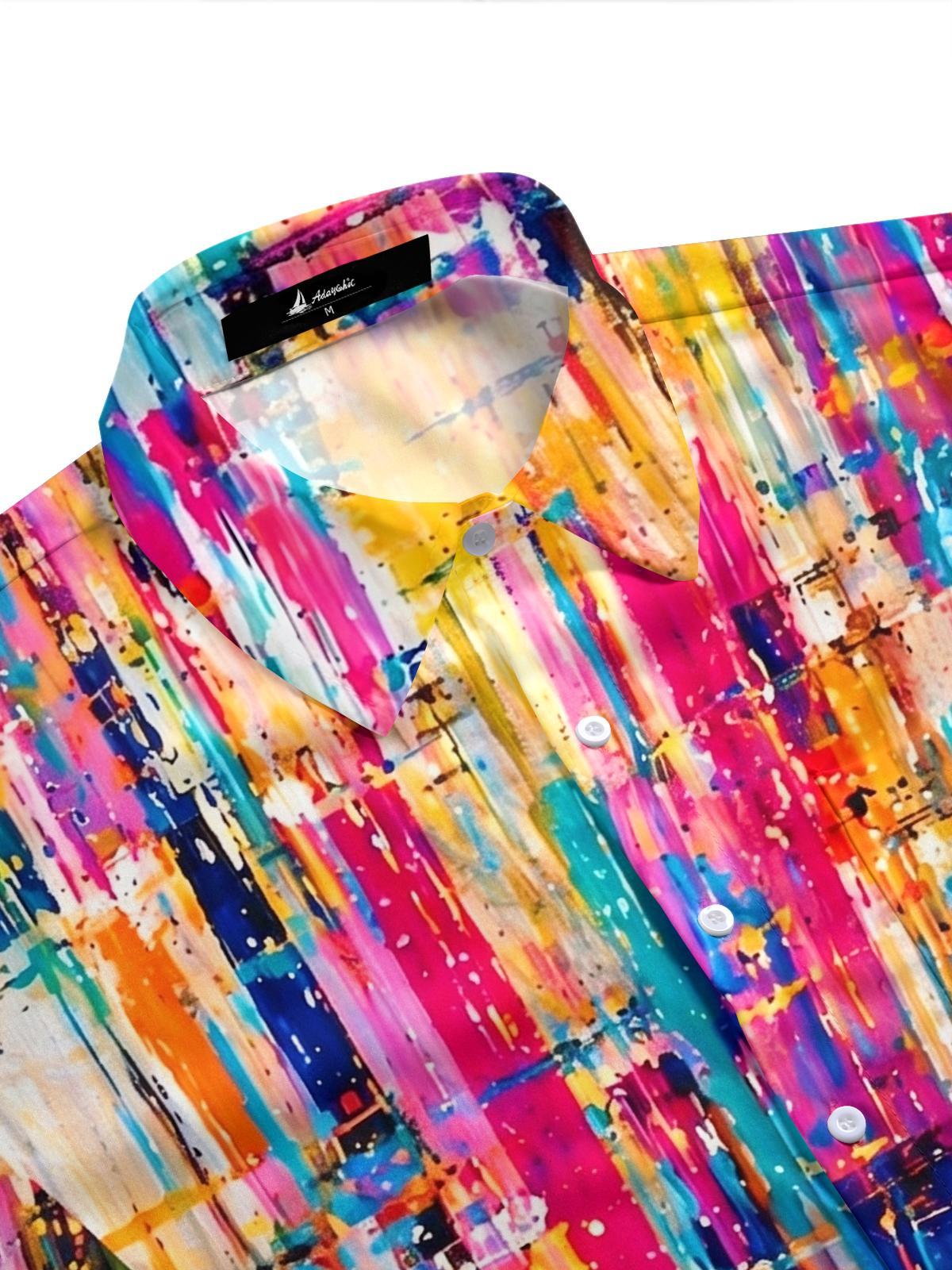Men's vibrant aloha graffiti vertical striped pocket half sleeve shirt side view