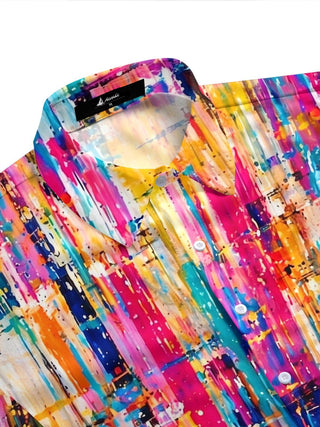 Men's vibrant aloha graffiti vertical striped pocket half sleeve shirt side view