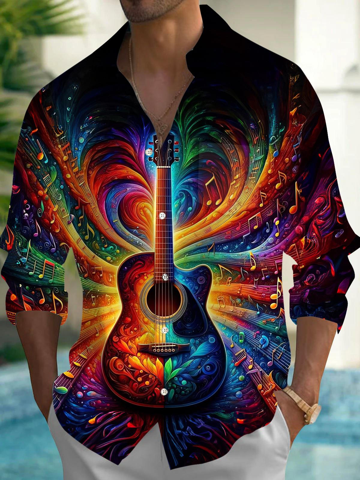 Musical Instrument Guitar Men's Pocket Long Sleeve Shirts