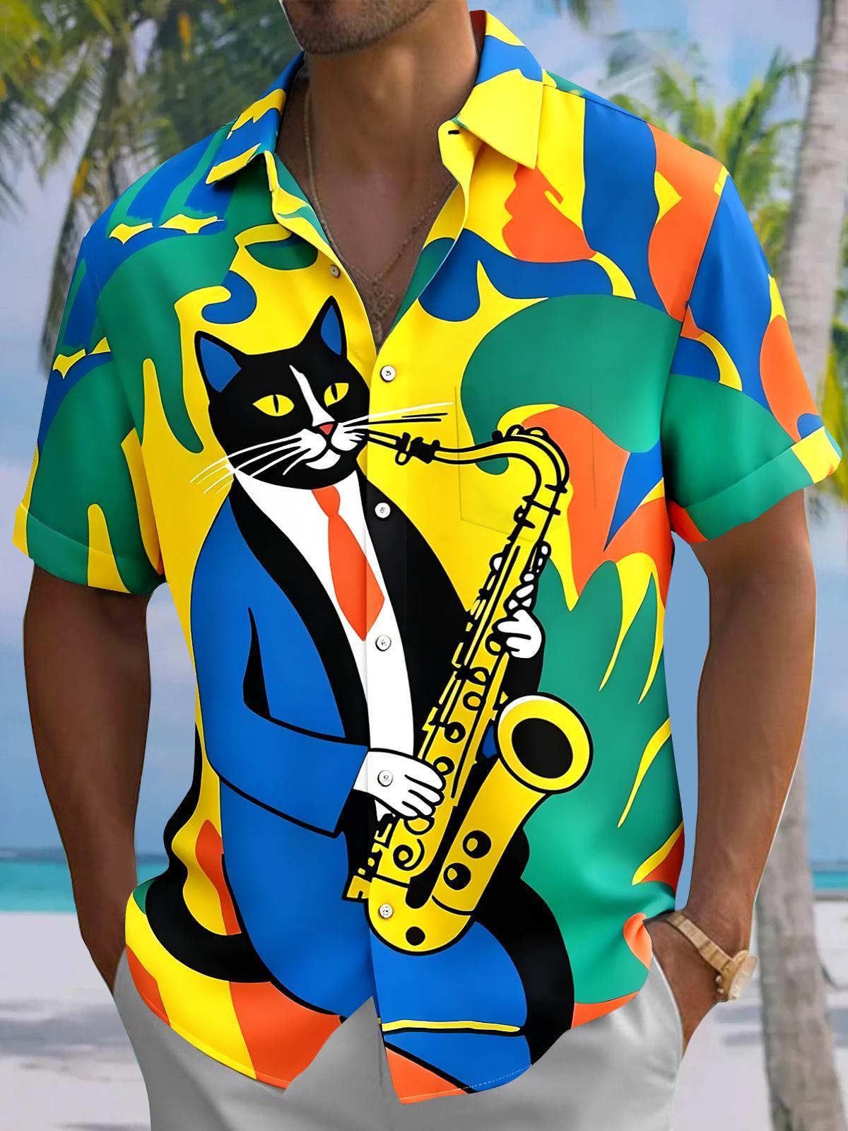 Funny Cat Saxophone Men's Pocket Short Sleeve Shirts