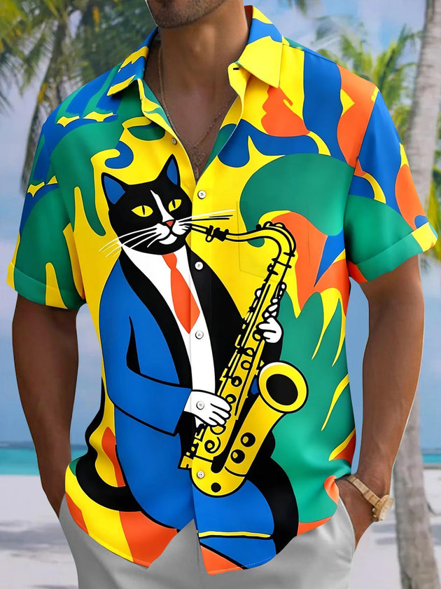 Funny Cat Saxophone Men's Pocket Short Sleeve Shirts