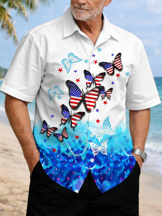 American Flag Butterfly Print Men's Pocket Short Sleeve Shirts