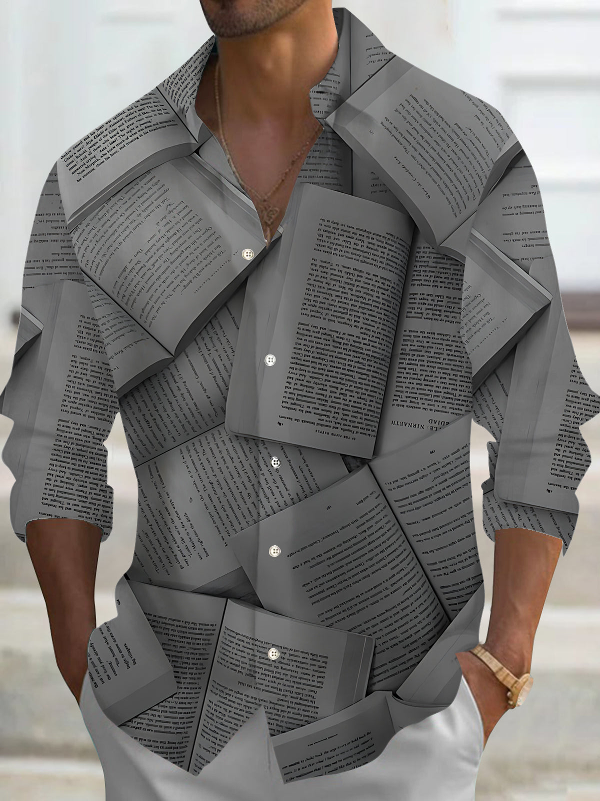 Book Print Men's Pocket Long Sleeve Shirts