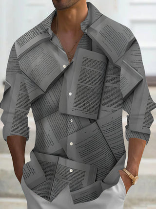 Men's book print long sleeve shirt front view